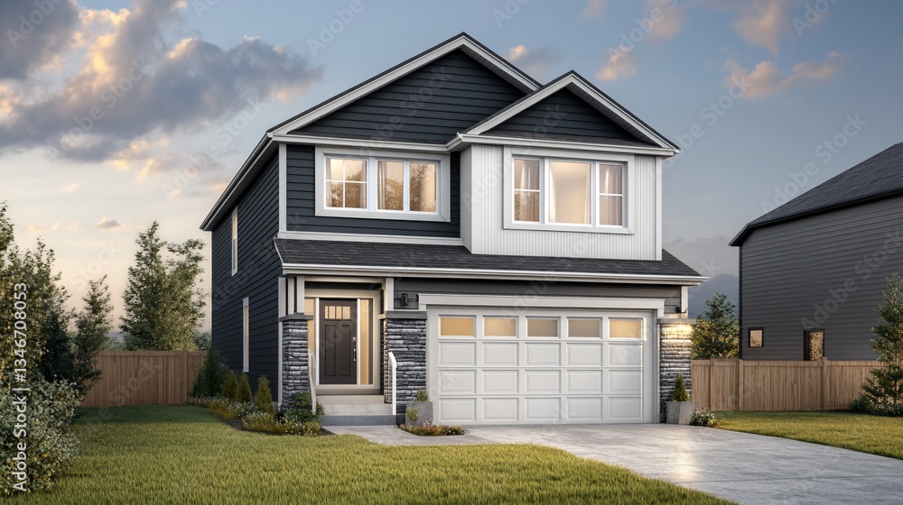 Suburban two-story home twilight rendering, neighborhood Suburban two-story home twilight rendering, neighborhood