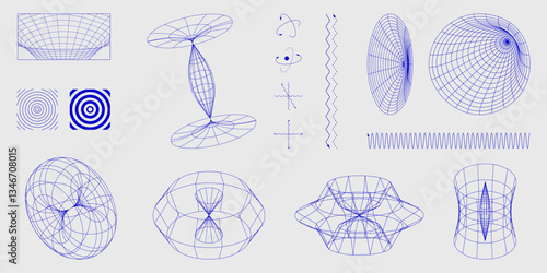 Blue wireframe geometric structures, atomic orbits, waveforms and energy field diagrams arranged in a minimalist composition. Science. Modern aesthetics, minimalist art. Vector design for posters, ads