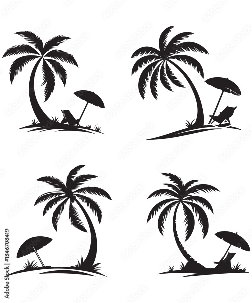 Fototapeta premium Four Tropical Palm Trees Silhouette Illustrations with Beach Chairs and Umbrellas
