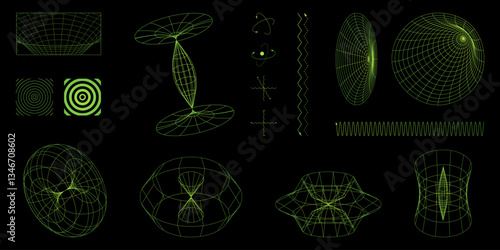 Glowing green wireframe mathematical structures, quantum waveforms, orbital patterns, and energy grids on dark background. Science. Modern aesthetics, minimalist art. Vector design for modern posters.