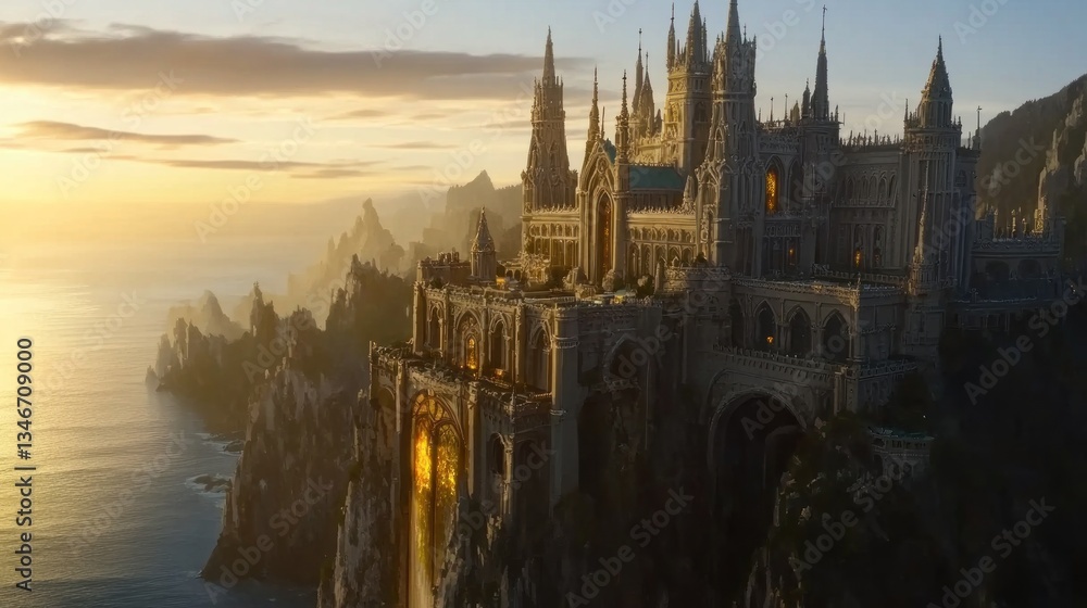 Obraz premium Coastal clifftop castle sunset fantasy game background