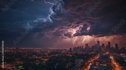 Night city thunderstorm dramatic lightning