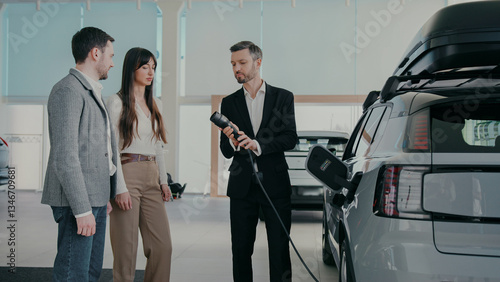 Caucasian husband and wife standing next to sales manager at car dealership. Male explaining charging process for electric vehicle. Unplugging cable from vehicle and showing to customers.