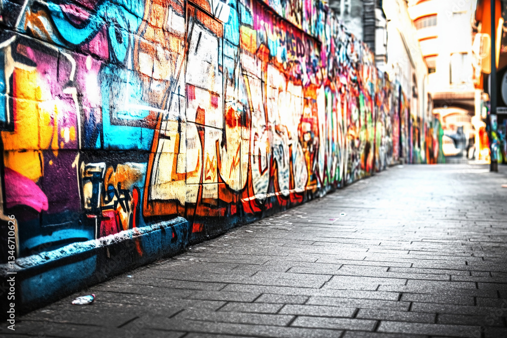 Fototapeta premium Vibrant street art covers urban alleyway walls with colorful graffiti in lively city setting