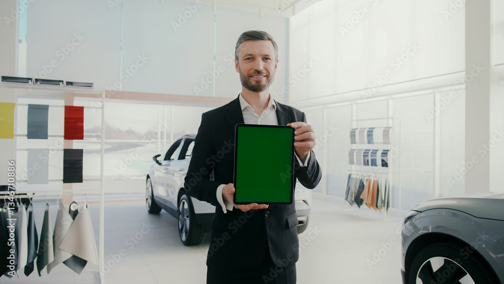 Fototapeta premium Handsome Caucasian man standing in modern showroom. Holding tablet device with chroma key. Manager wearing suit and smiling warmly. Modern auto salon for selecting and buying vehicles.