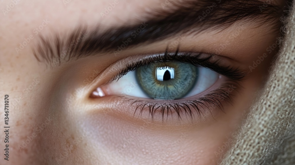 Obraz premium Close-up of a person's eye, featuring a captivating gaze. Detailed view of the eye's structure, eyelashes, and skin