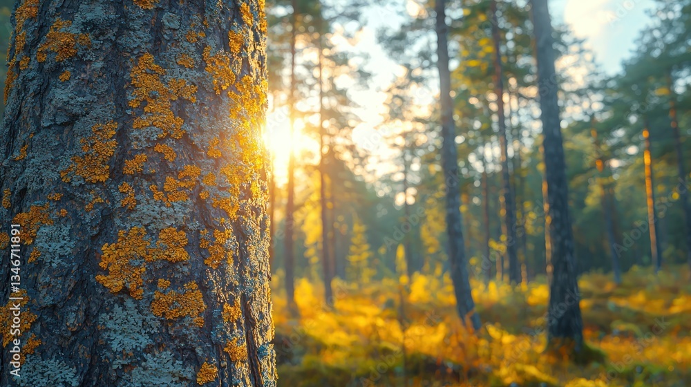 Obraz premium Sunlight filters through autumn forest