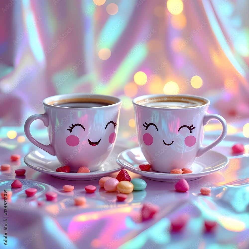 Two Cute Coffee Mugs on Saucers Romantic Couple Gift Two Cute Coffee Mugs on Saucers Romantic Couple Gift