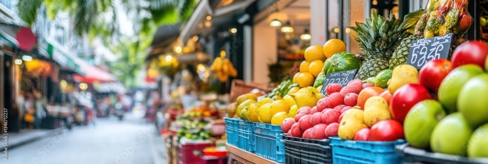 Fototapeta premium Fresh produce overflowing from stalls in a vibrant outdoor market