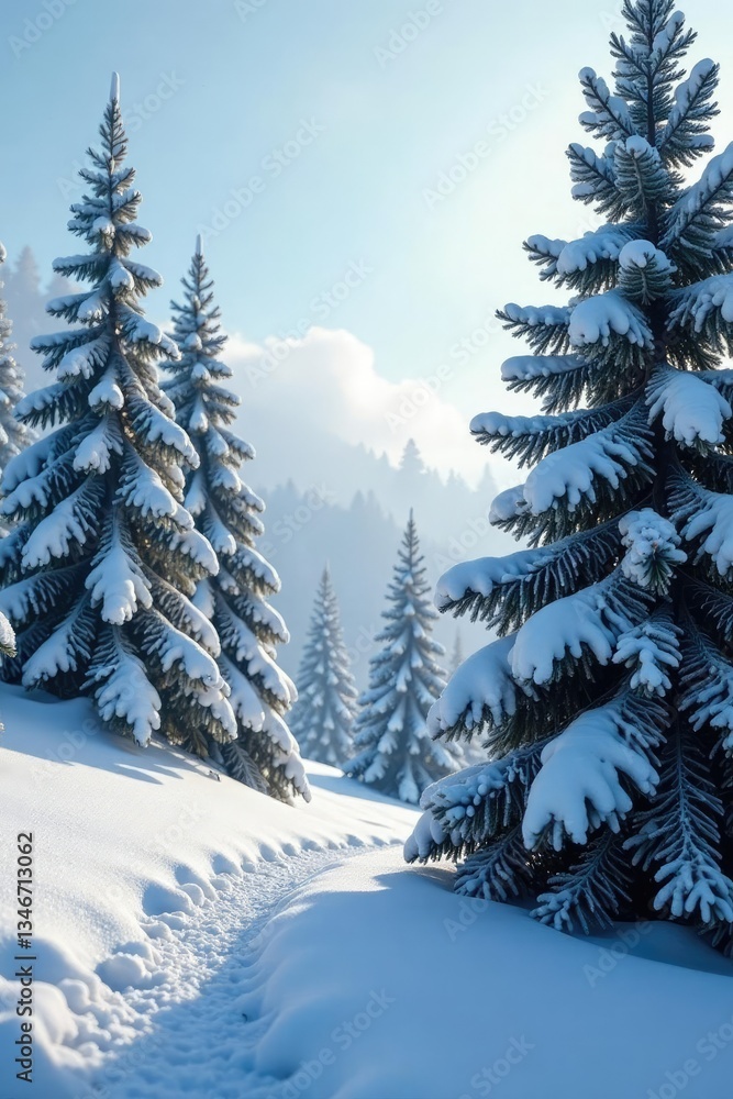 Naklejka premium Pine trees in winter landscape with frozen branches, coniferous tree, snow covered pine, frosty pine