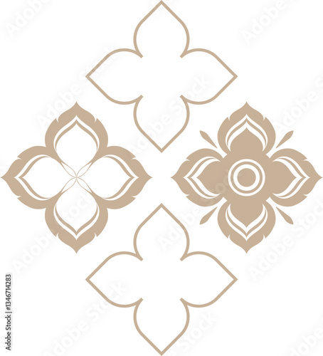 Elegant repeating beige floral pattern with symmetrical motifs on a transparent background, perfect for decorative cultural motifs.