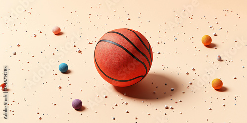 Basketball bouncing on a pastel background with colorful small spheres scatte...