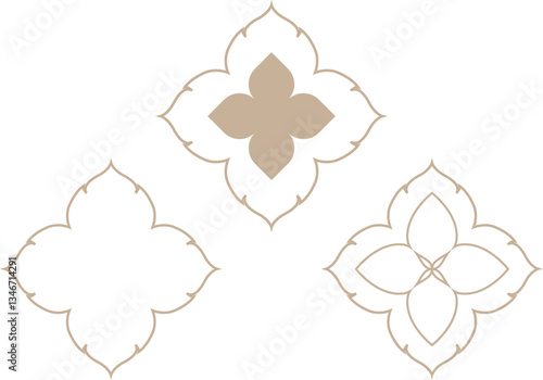 Elegant repeating beige floral pattern with symmetrical motifs on a transparent background, perfect for decorative cultural motifs.