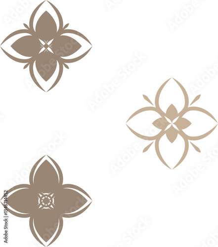 Elegant repeating beige floral pattern with symmetrical motifs on a transparent background, perfect for decorative cultural motifs.