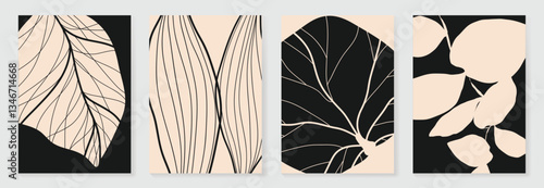 Set of abstract foliage poster vector. Leaves, flower, organic shapes, earth tone colors, leaf branch. Illustration design for Eco packaging, interior, cover, wall art, wallpaper. 