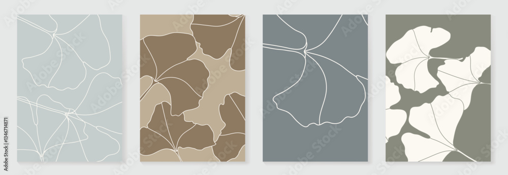 Fototapeta premium Set of abstract foliage poster vector. Leaves, flower, organic shapes, earth tone colors, leaf branch. Illustration design for Eco packaging, interior, cover, wall art, wallpaper. 