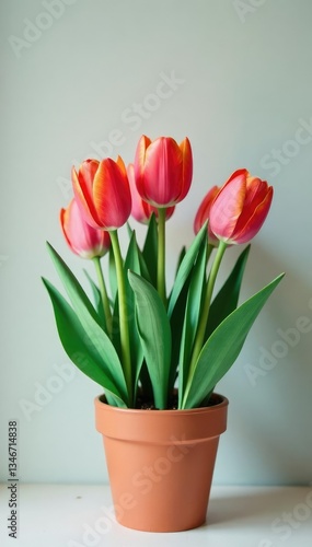 Potted tulips with delicate paper cut leaves and stems, floral arrangement, container gardening