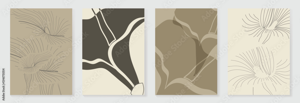 Naklejka premium Set of abstract foliage poster vector. Leaves, flower, organic shapes, earth tone colors, leaf branch. Illustration design for Eco packaging, interior, cover, wall art, wallpaper.