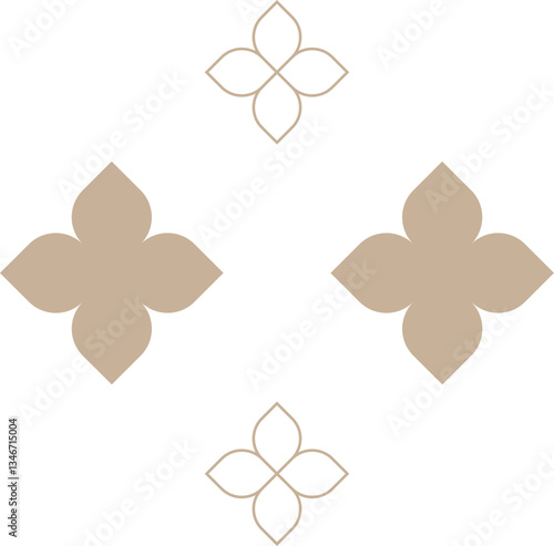 Elegant repeating beige floral pattern with symmetrical motifs on a transparent background, perfect for decorative cultural motifs.