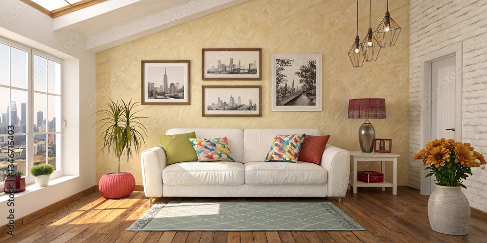 Naklejka premium Cozy Modern Living Room with White Sofa and Bohemian Accents V8