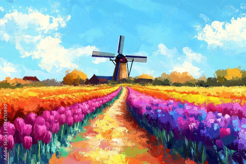 Dutch Countryside in Oil, Tulips and daffodils
