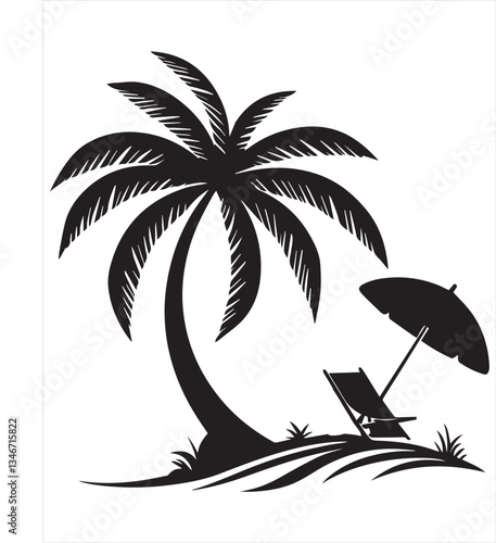  Silhouette of a tropical paradise with palm tree and beach chair