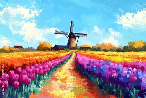 Obraz na płótnie Dutch Countryside in Oil, Tulips and daffodils w salonie