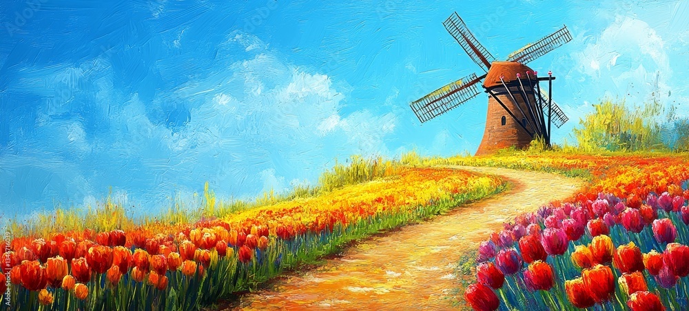 Dutch Countryside in Oil, Tulips and daffodils