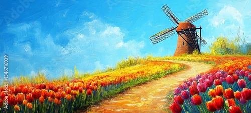 Obraz na płótnie Dutch Countryside in Oil, Tulips and daffodils w salonie