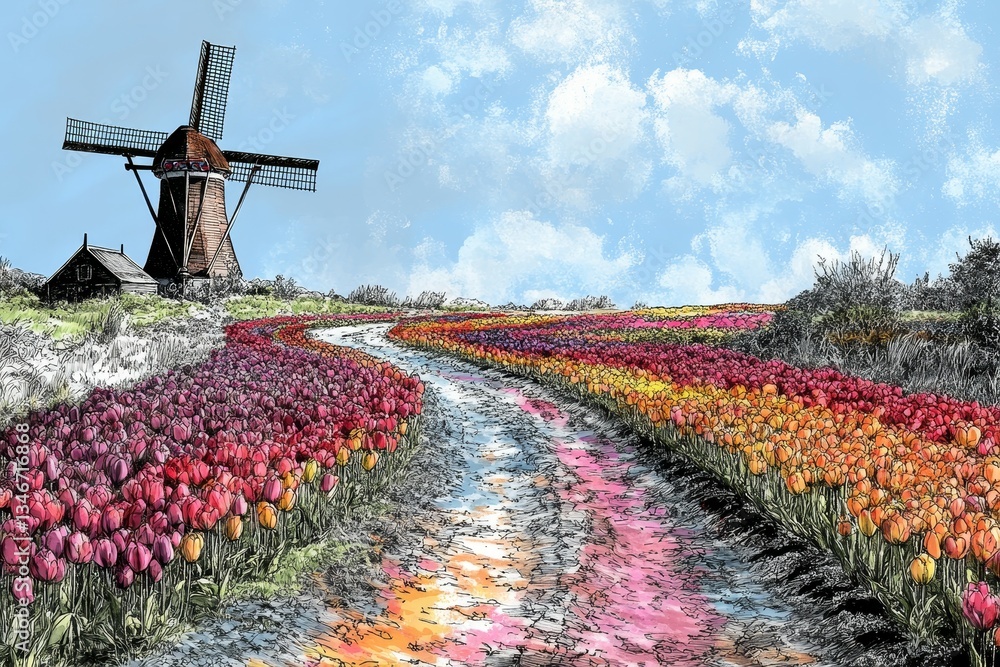 Dutch Countryside in Oil, Tulips and daffodils