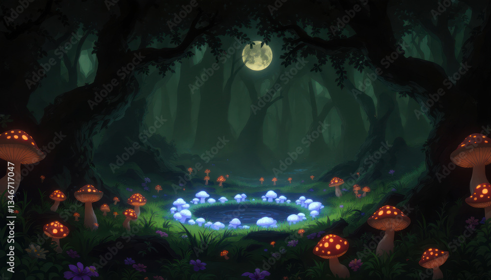 Obraz premium Enchanted Moonlight Forest: A Mystical Pond Surrounded by Glowing Mushrooms Under the Full Moon's Gentle Radiance