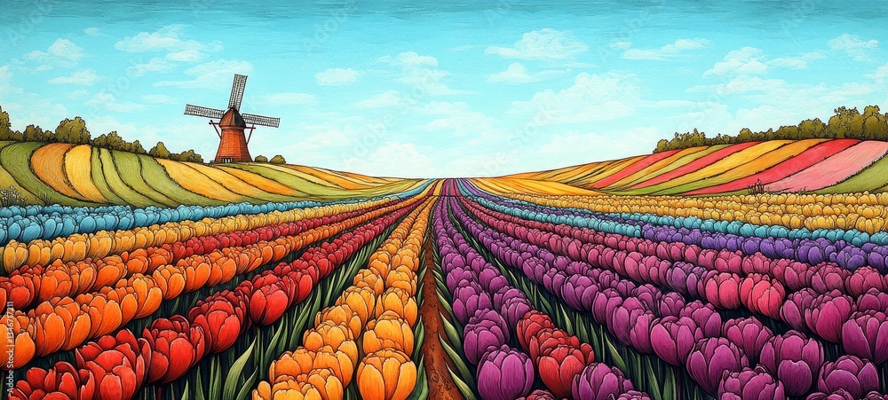 Dutch Countryside in Oil, Tulips and daffodils