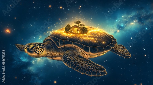 A gargantuan turtle with an island on its back, swimming through a glowing celestial ocean