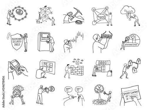 A Various depict blockchain concepts like security, mining, and smart contracts