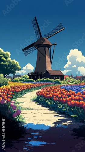 Dutch Countryside in Oil, Tulips and daffodils