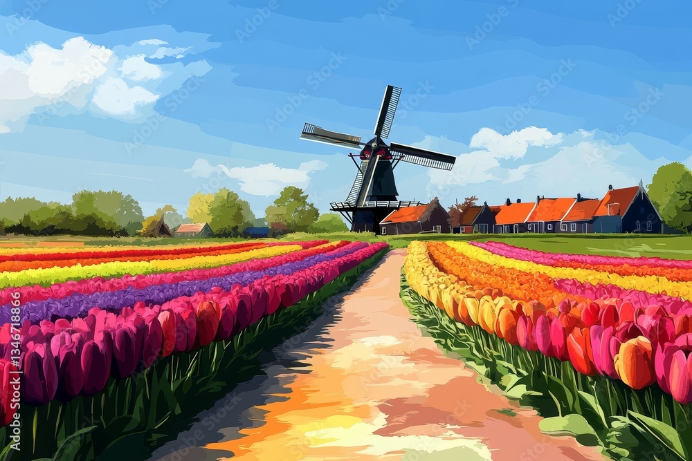 Dutch Countryside in Oil, Tulips and daffodils