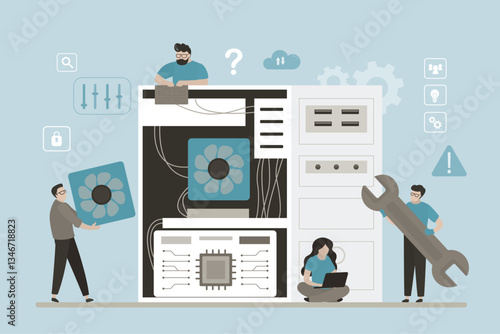 Assembling computer from various components. Technical support guys repairing computer hardware. Troubleshooting, fixing problems, problem checking.