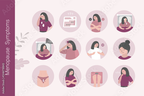 Infographic of menopause symptoms. Sexual involution features, female climacteric period with irregular menstruation. Set of gynecology signs and pictograms. Medical info poster.
