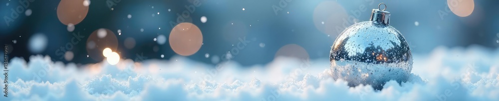 Naklejka premium Sparkly silver Christmas ball on a snowy white surface, Silver, snow