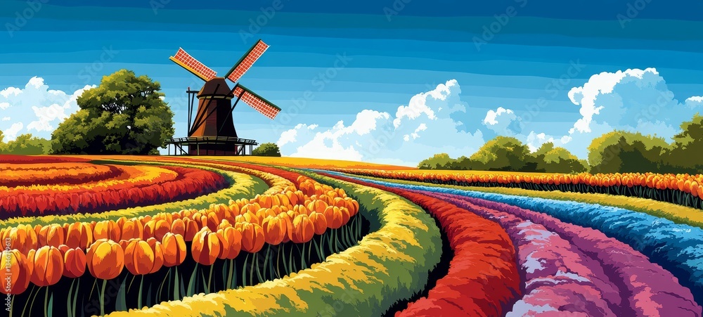 Dutch Countryside in Oil, Tulips and daffodils