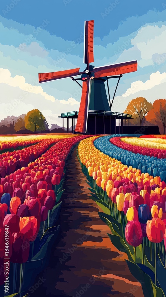 Dutch Countryside in Oil, Tulips and daffodils