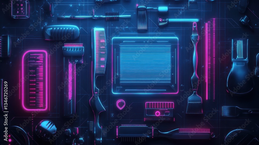 Naklejka premium Neon Cleaning Tools Tech Background Flatlay