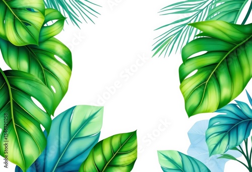 Abstract watercolor tropical leaves, art line style, green blue luxury background, serene, artistic
