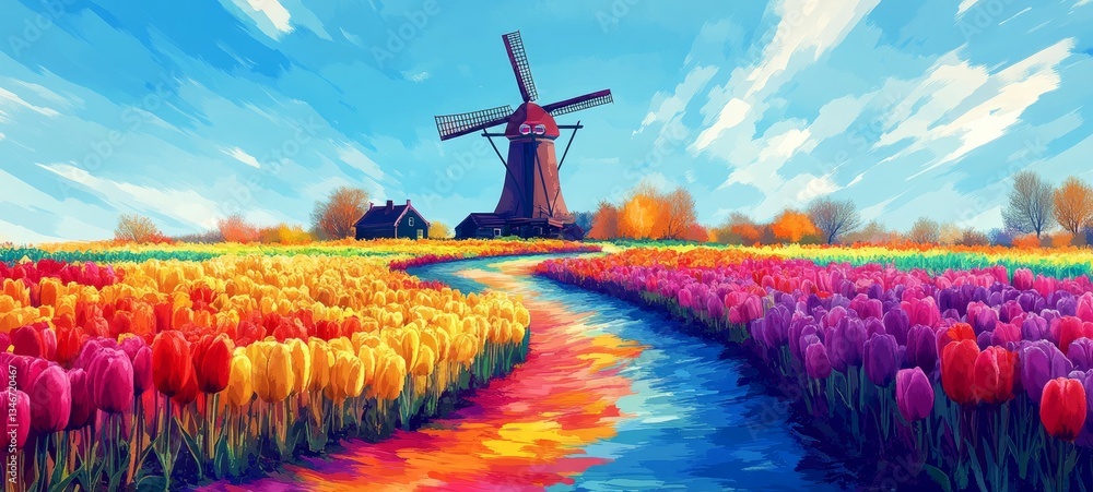 Dutch Countryside in Oil, Tulips and daffodils