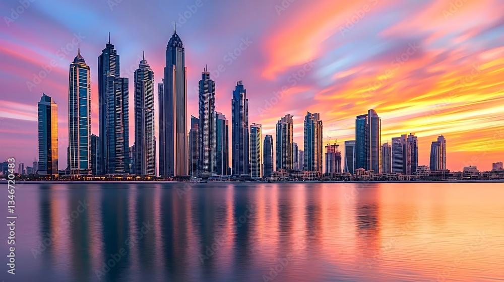Obraz premium Spectacular Sunset over Dubai Skyline Reflecting in Tranquil Waters