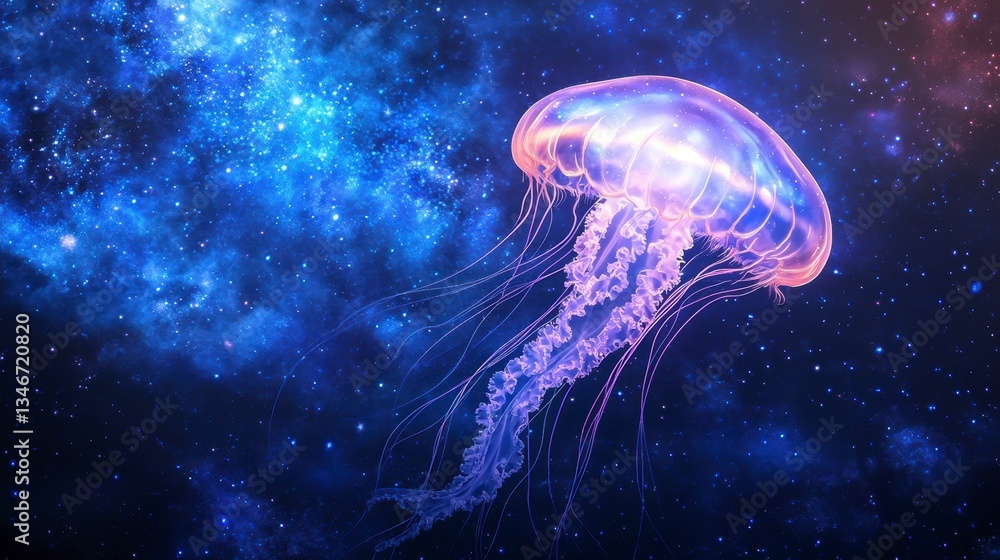 Glowing jellyfish in a cosmic nebula. Glowing jellyfish in a cosmic nebula.