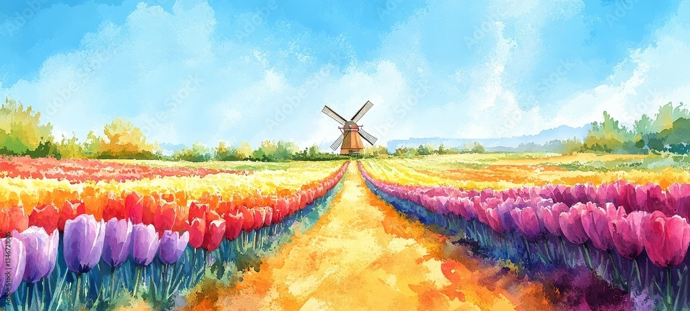 Dutch Countryside in Oil, Tulips and daffodils