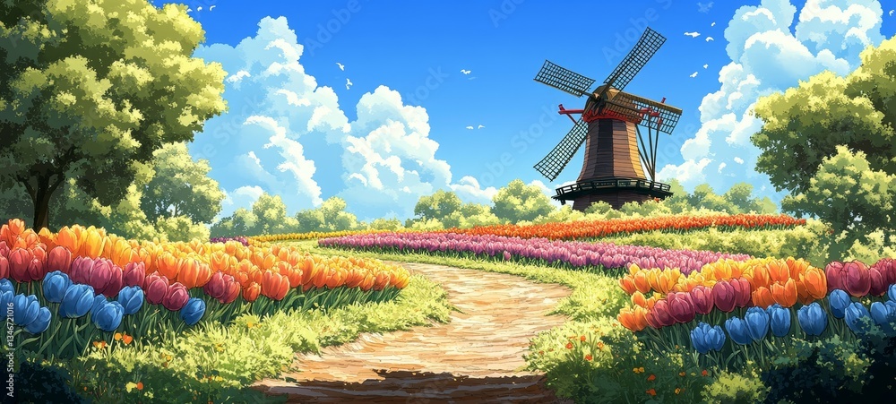 Dutch Countryside in Oil, Tulips and daffodils