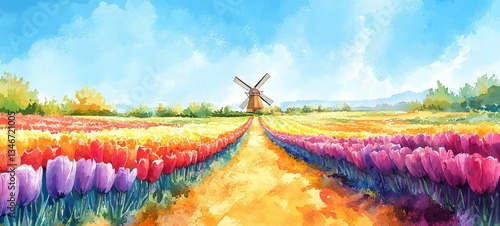 Obraz na płótnie Dutch Countryside in Oil, Tulips and daffodils w salonie