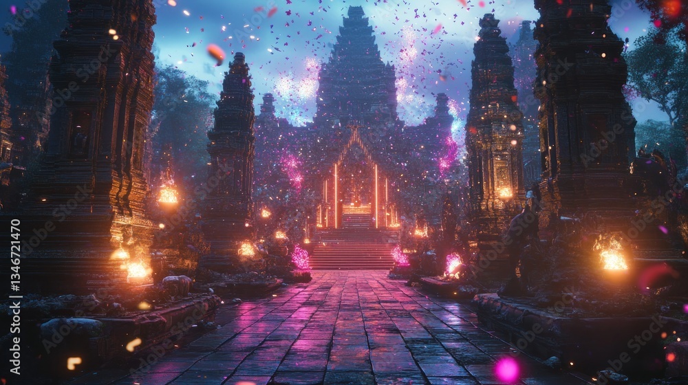 Obraz premium Angkor Wat Night Festival Flower Petals Fall